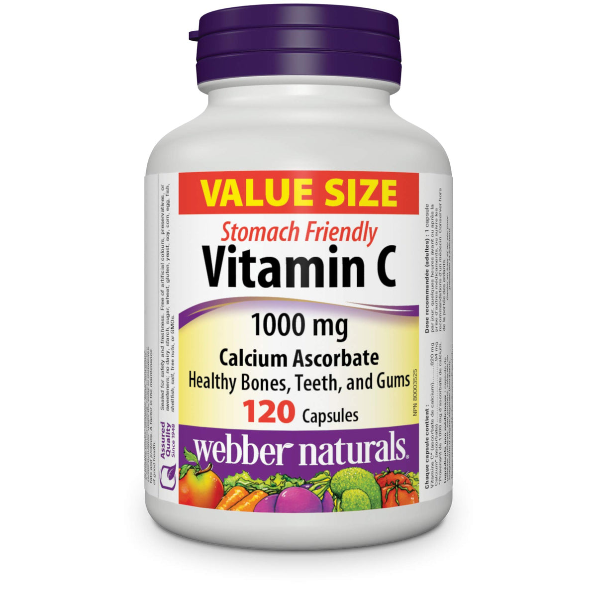 Webber Naturals Vitamin C Calcium Ascorbate bottle front, gentle on stomach