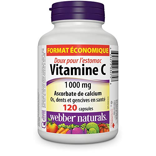 Webber Naturals bottle label close-up, buffered vitamin C for sensitive stomachs