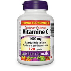 Webber Naturals bottle label close-up, buffered vitamin C for sensitive stomachs