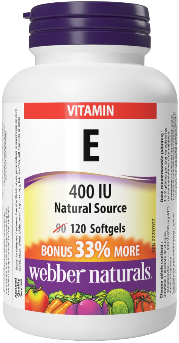Webber Naturals Vitamin E softgels bottle front for antioxidant protection