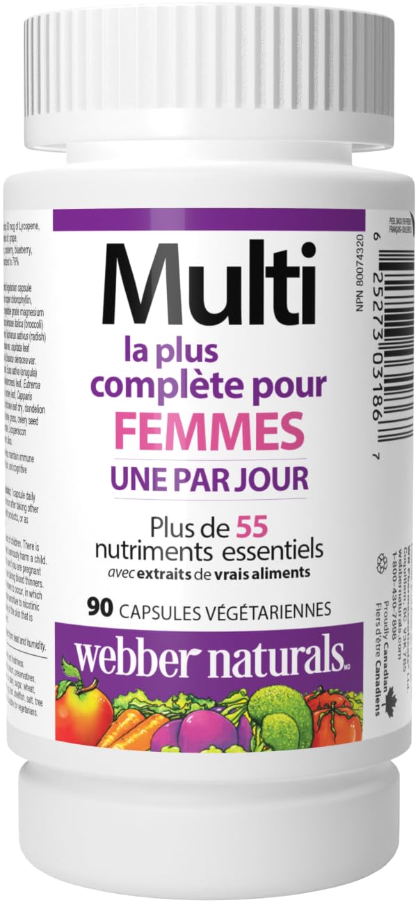 Webber Naturals Women's Most Complete Multi bottle label highlights complete daily vitamins and minerals for women.