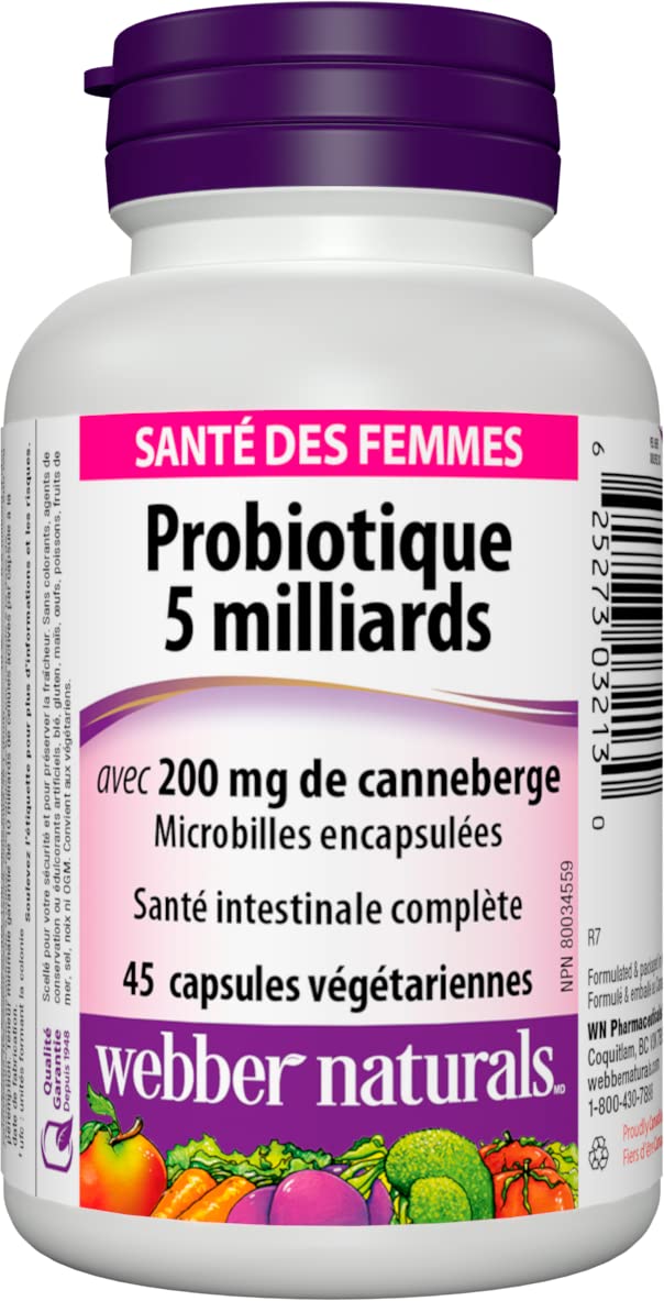 Webber Naturals Women's Multi Probiotic with Cranberry cap close-up highlights easy daily dosing