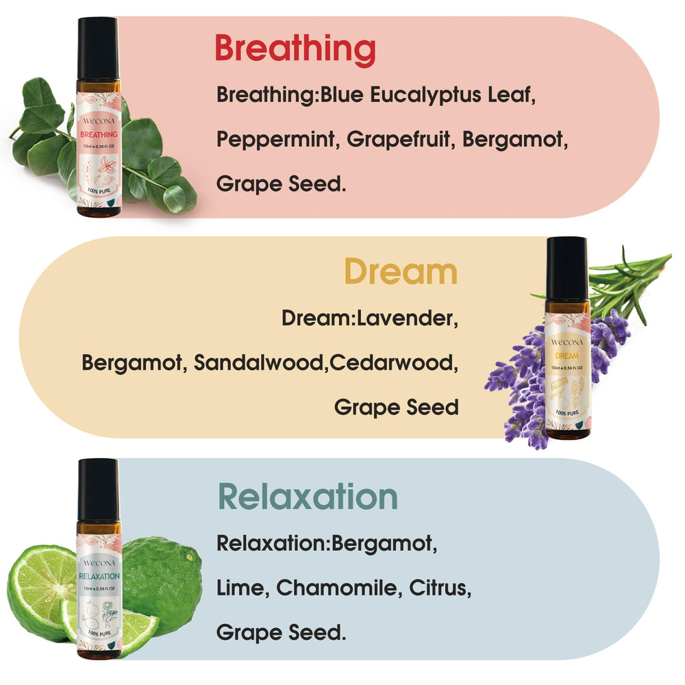 Wecoma roll-on bottles display six 10ml blends for portable aromatherapy