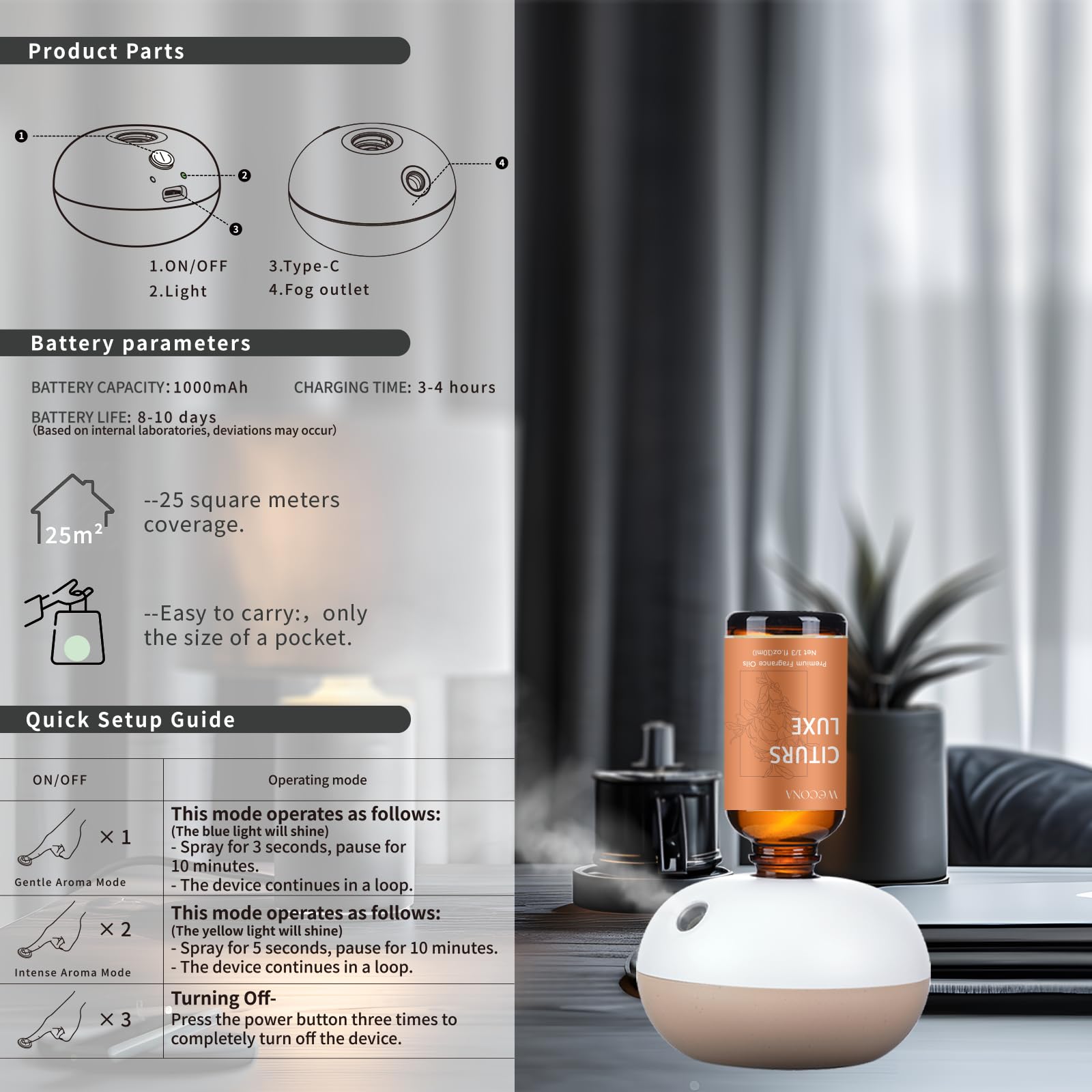 Wecona diffuser with long battery life for cordless convenience