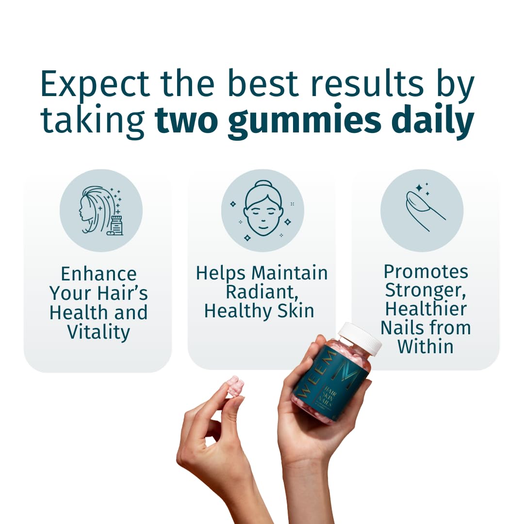 WEEM bottle front with gummies ready to support hair and nails health