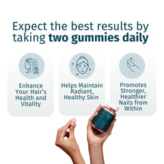 WEEM gummies ingredients image highlights vitamin blend for nourished hair, nails, and skin.
