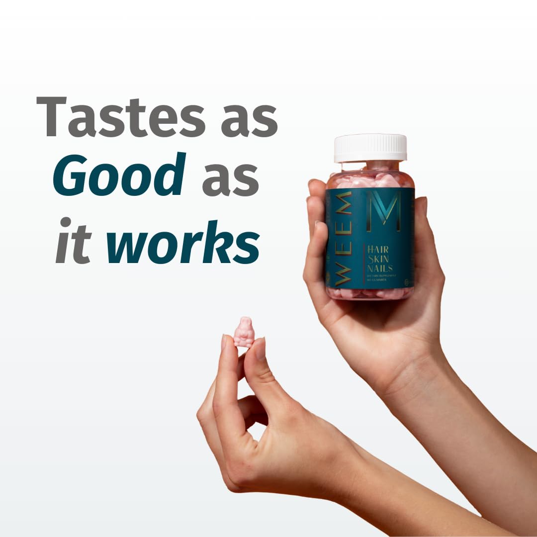 WEEM label closeup reveals vitamin-rich formula for hair, skin, nails.