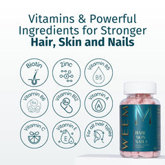WEEM gummies pack highlights vegan biotin for hair and nails.