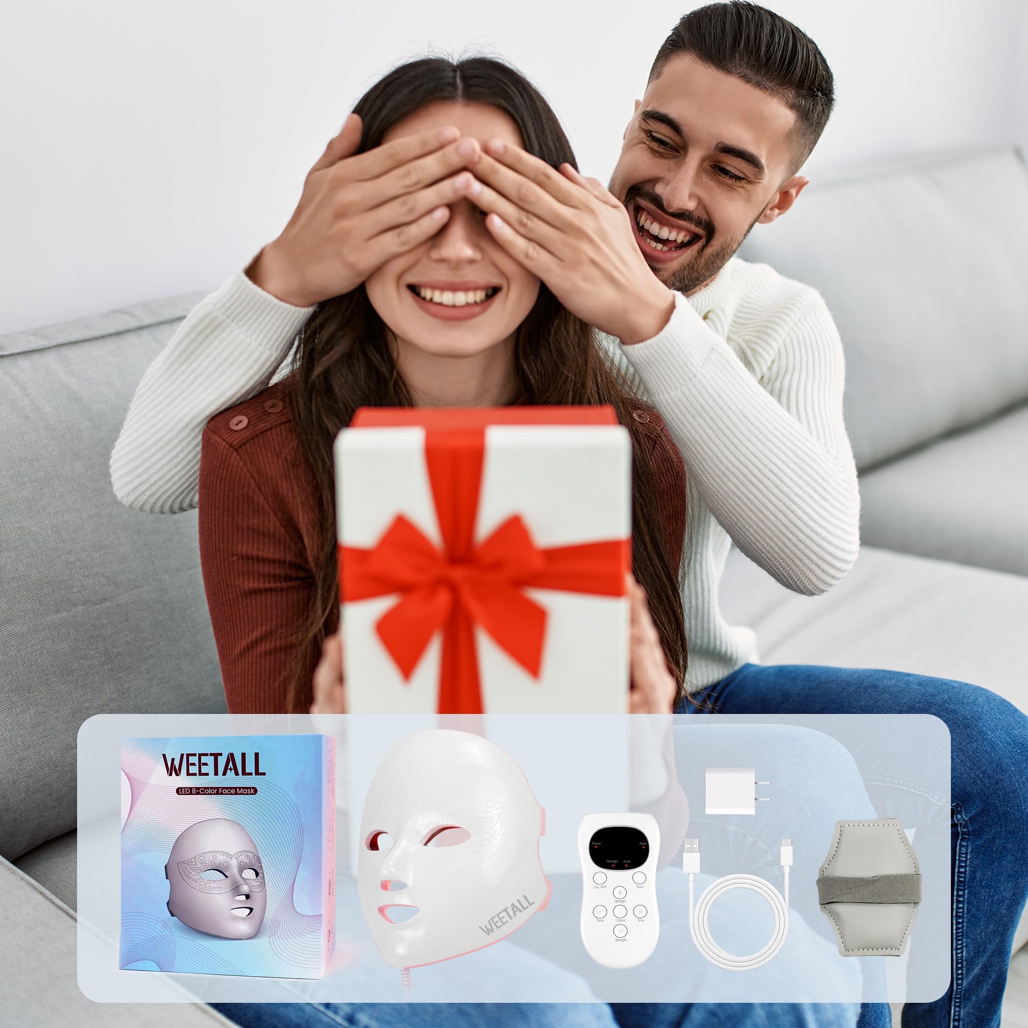 Weetall facial routine with mask beside skincare products for home care.