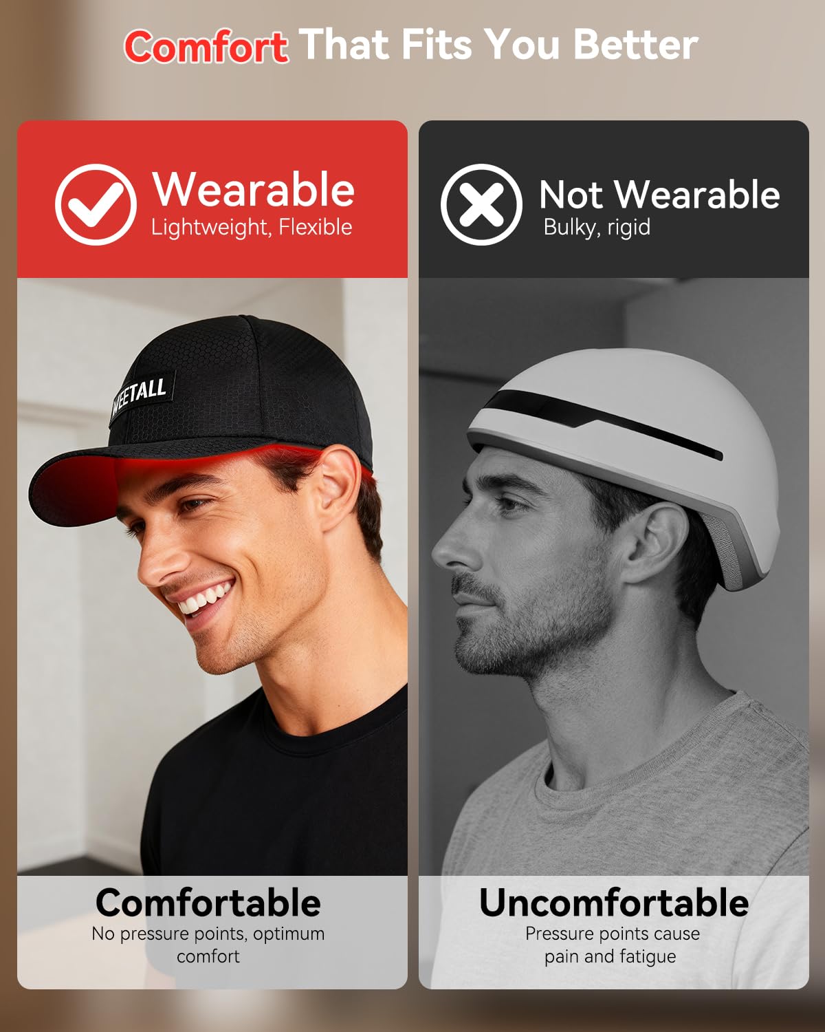 WEETALL red light cap no-noise design supports quiet use.