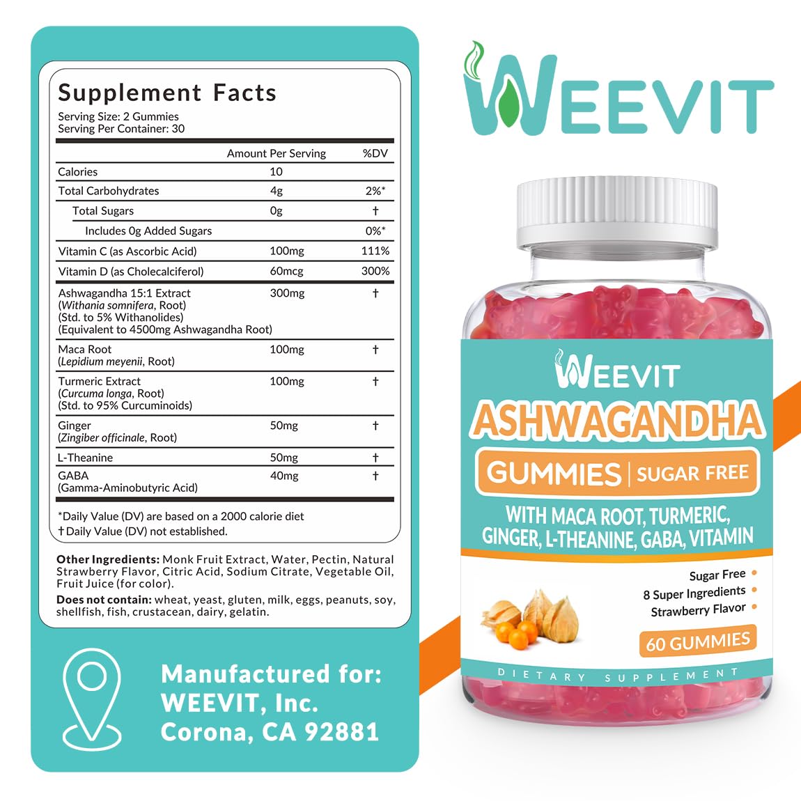 Weevit Ashwagandha Gummies label close-up highlighting organic ingredients.
