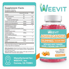 Weevit Ashwagandha Gummies label close-up highlighting organic ingredients.
