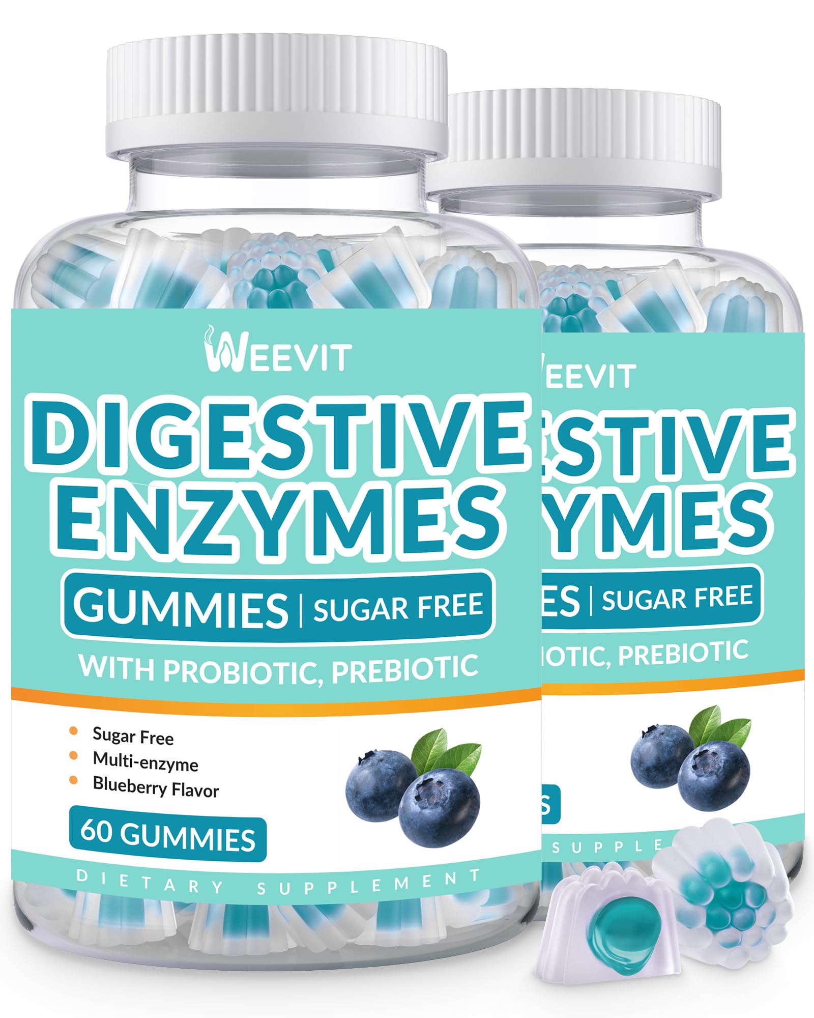 Weevit Digestive Enzymes Gummies bottle front view with blueberry flavor for daily digestion support