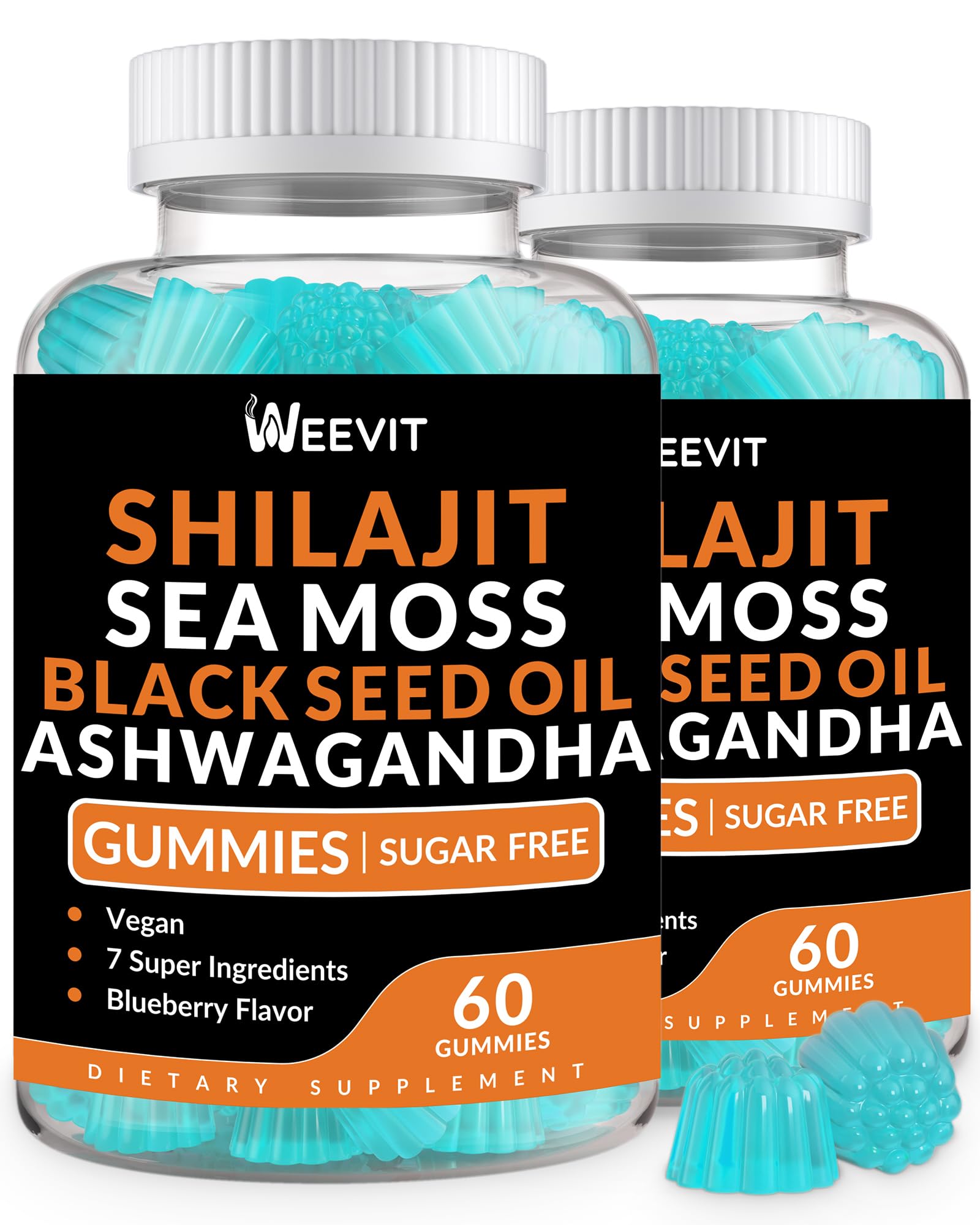 Weevit Shilajit Sea Moss Ashwagandha gummies bottle highlights energy and resilience.