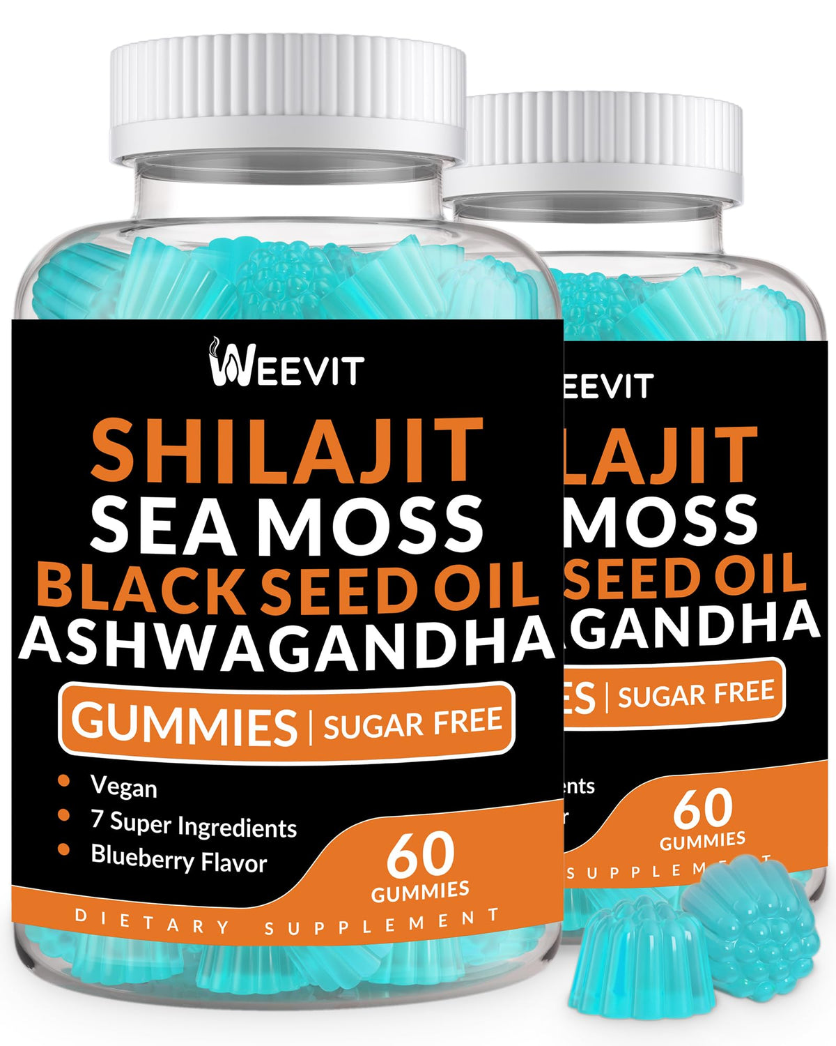 Weevit Shilajit Sea Moss Ashwagandha gummies bottle highlights energy and resilience.