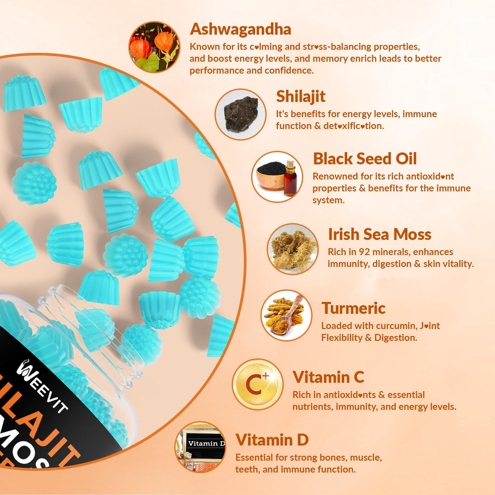Weevit ingredients panel shows Shilajit, Sea Moss, Ashwagandha, and Turmeric for holistic nutrition.