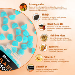 Weevit ingredients panel shows Shilajit, Sea Moss, Ashwagandha, and Turmeric for holistic nutrition.