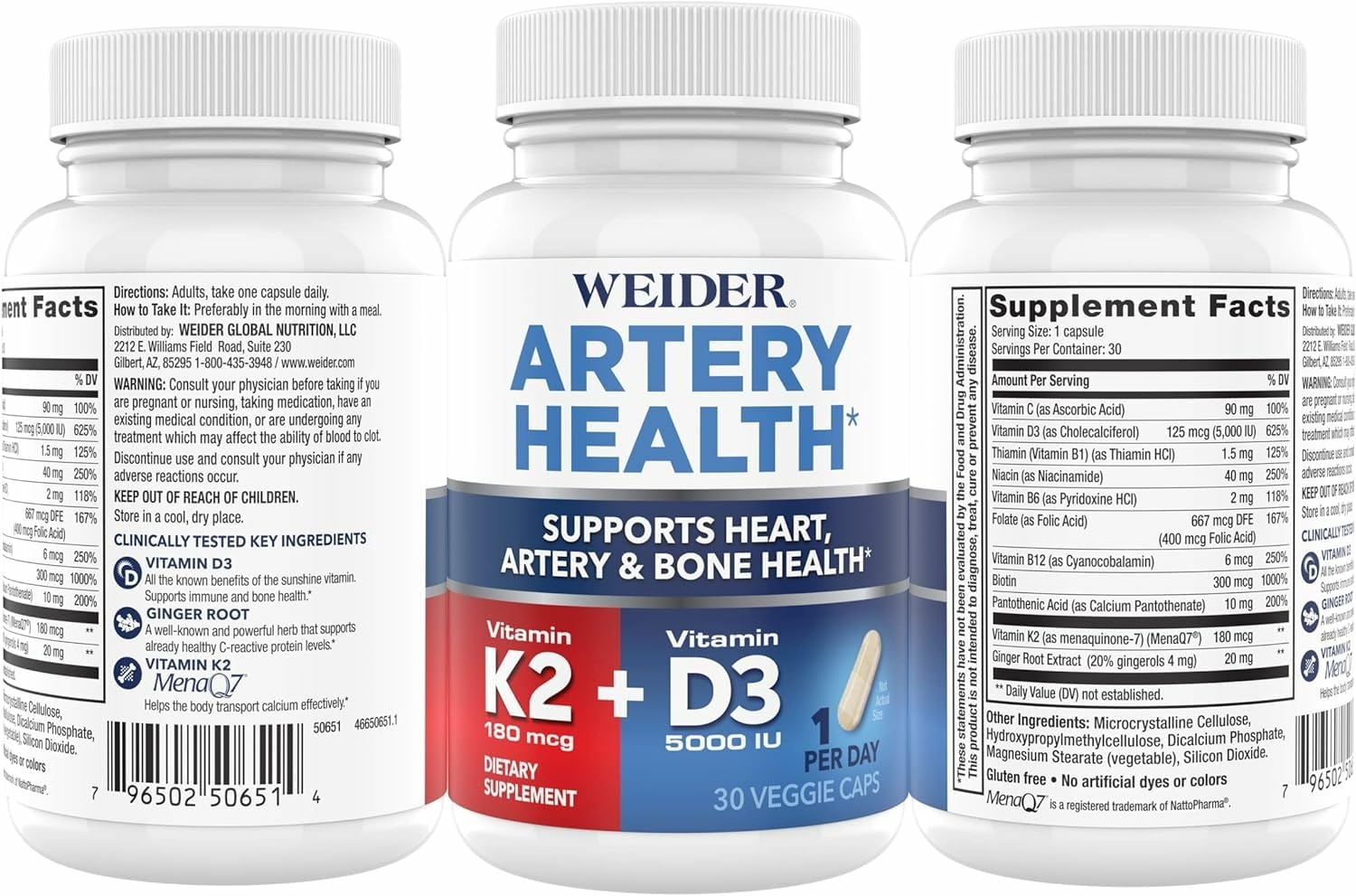 Weider Artery Health bottle display emphasizes simple daily capsules for heart and bone health.