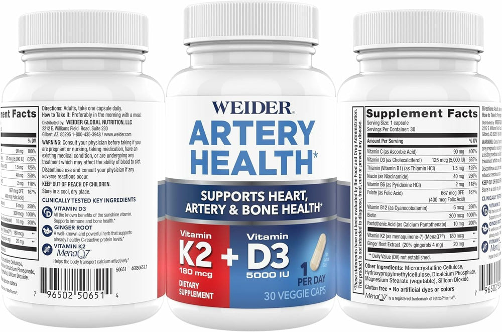 Weider Artery Health bottle display emphasizes simple daily capsules for heart and bone health.