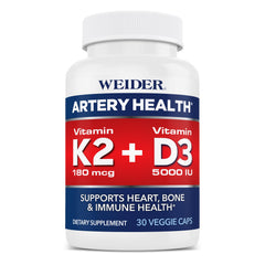 Weider Artery Health bottle label showing vegan capsules for arterial flexibility.