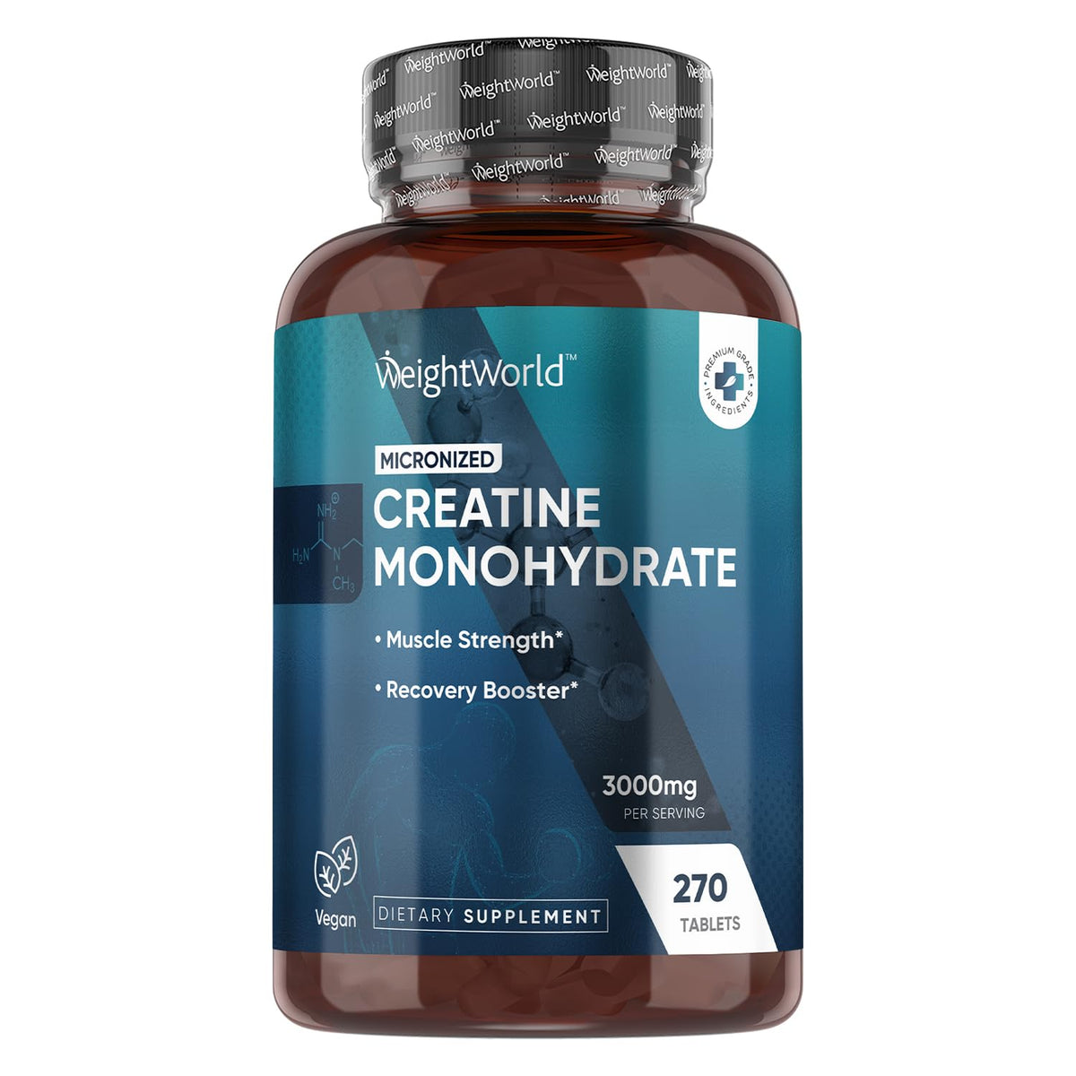 WeightWorld micronized creatine tablets 3000mg bottle front for daily strength support