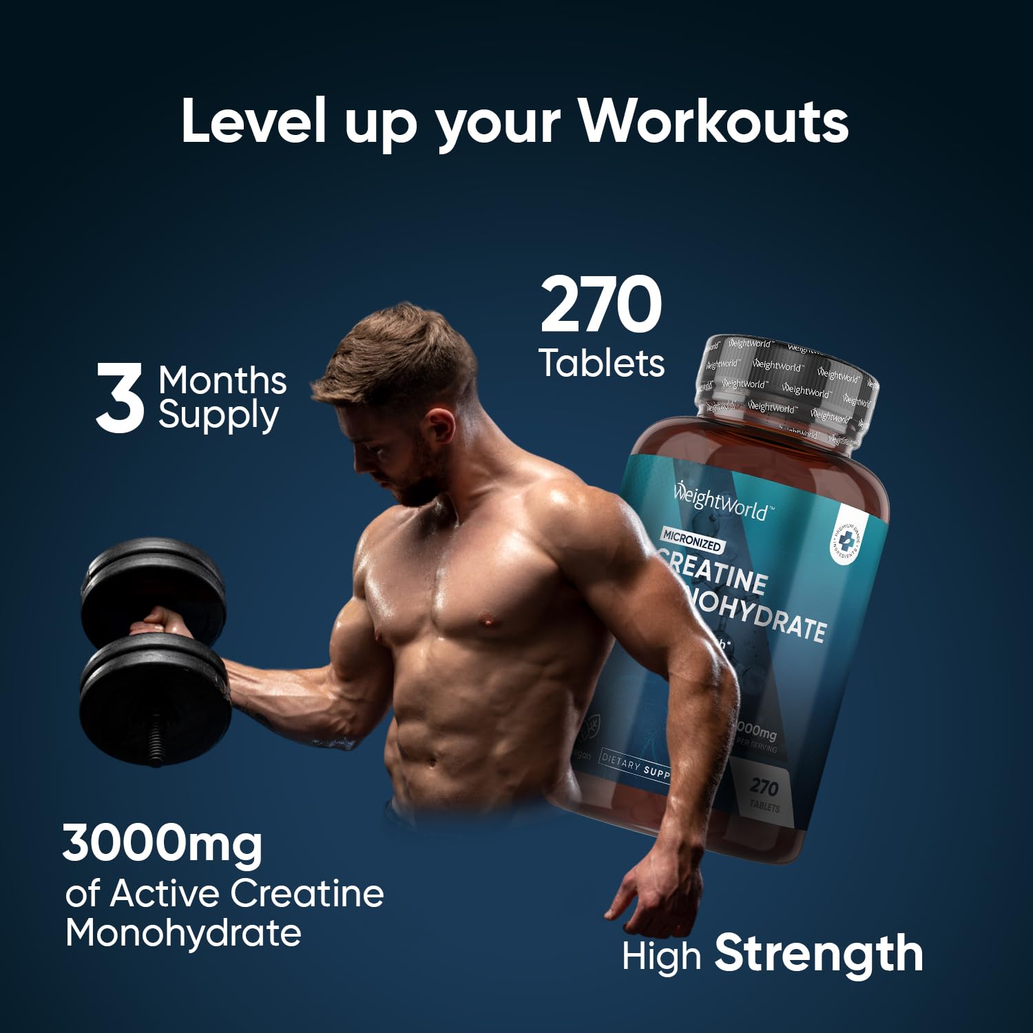WeightWorld creatine tablets 3000mg pouring scene highlighting easy 3-tablet serving