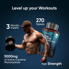 WeightWorld creatine tablets 3000mg pouring scene highlighting easy 3-tablet serving