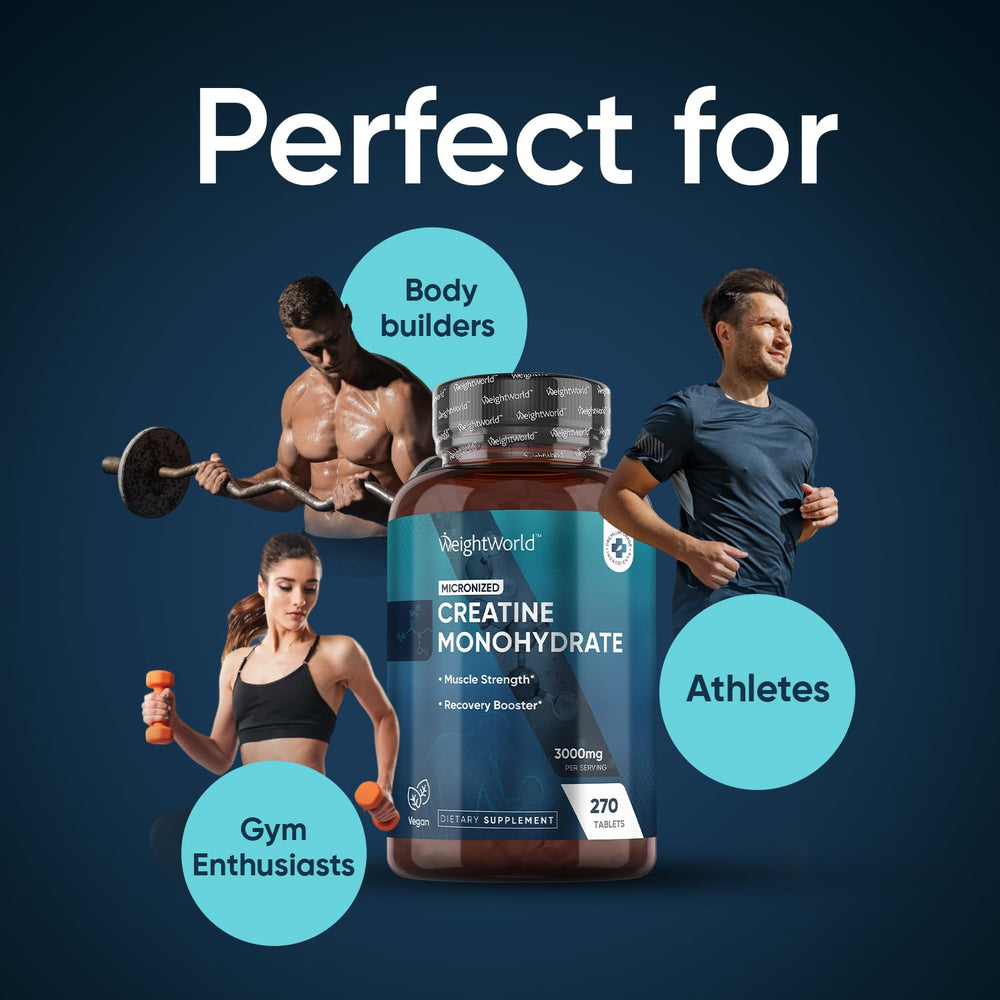 WeightWorld unflavored creatine tablets shown with glass of water