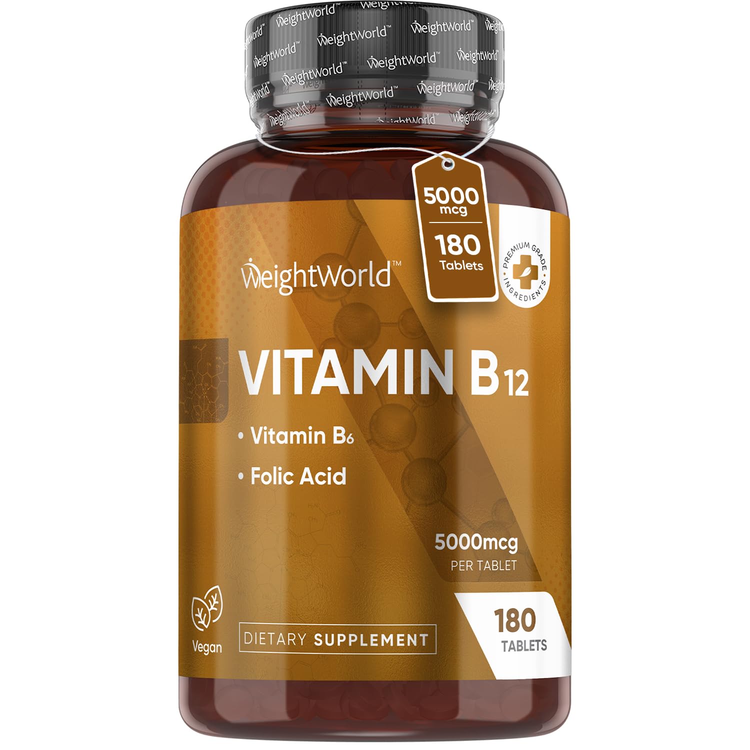 WeightWorld Vegan B12 5000mcg bottle shown for daily vegan-friendly supplement and energy support