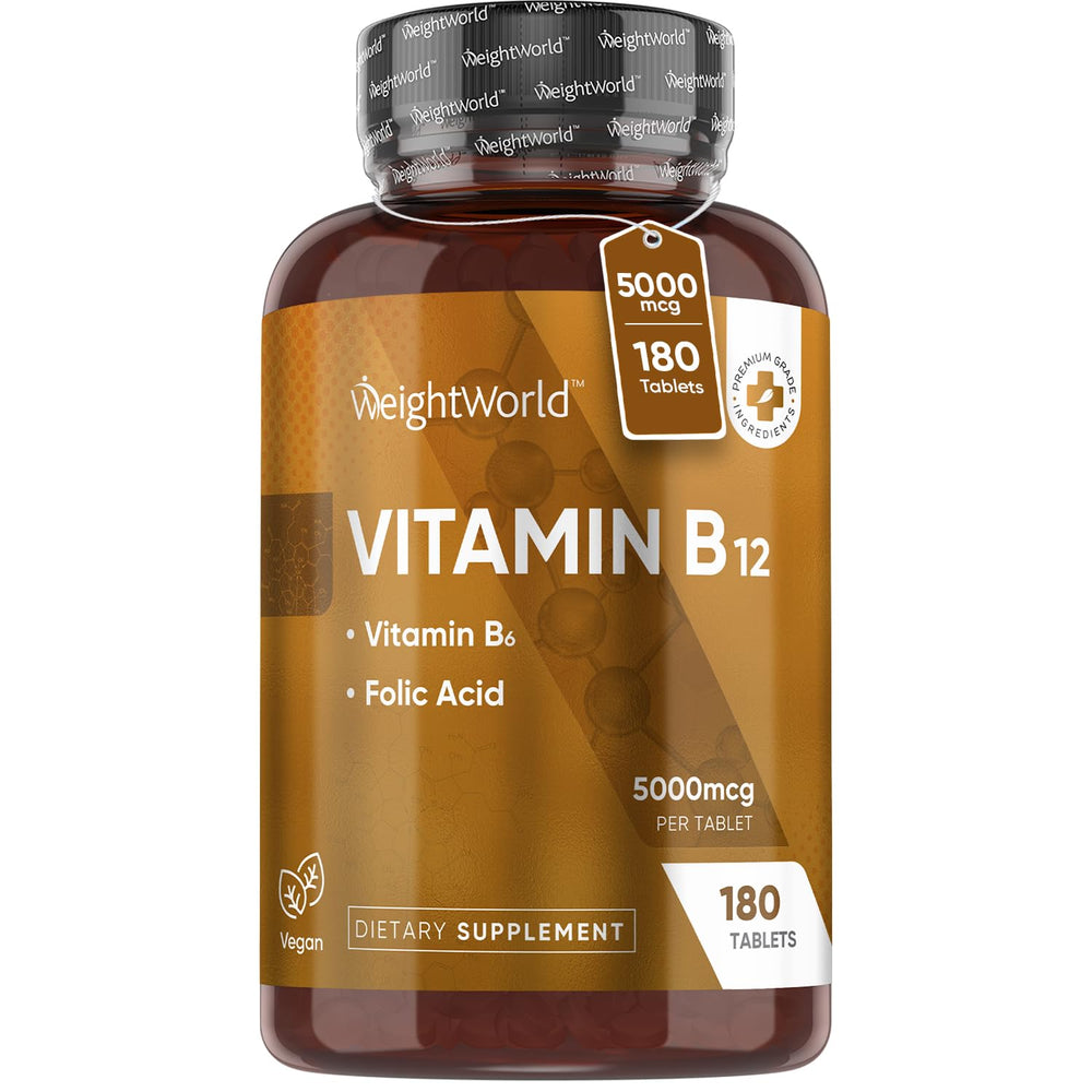 WeightWorld Vegan B12 5000mcg bottle shown for daily vegan-friendly supplement and energy support