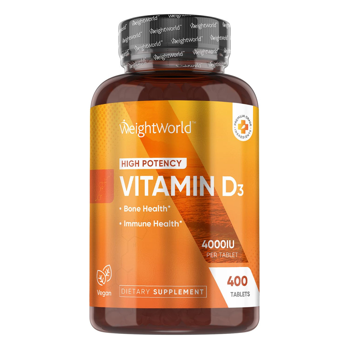 WeightWorld Vitamin D3 4000IU bottle with high-strength tablets for daily support.