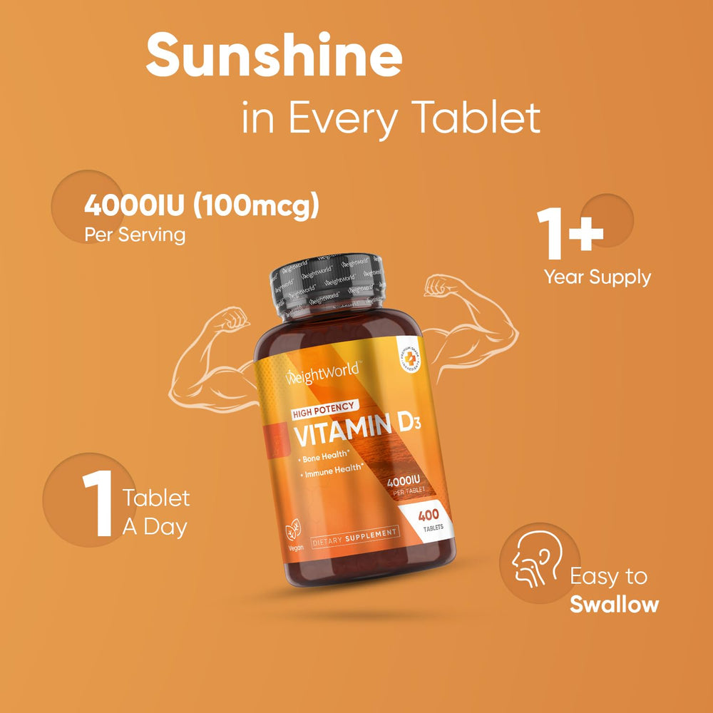 WeightWorld Vitamin D3 4000IU tablets on a sunny scene for daily bone support.