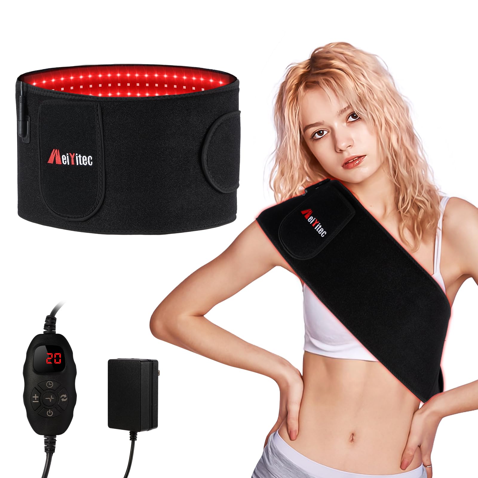 Weiyitec red light belt in 660nm mode targets shoulder area for localized warmth