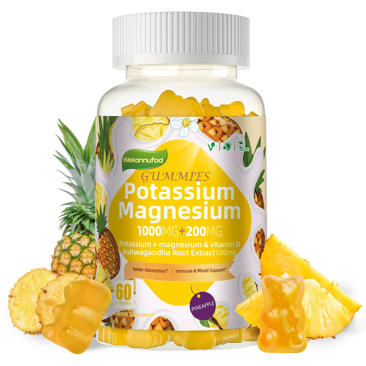 Wekannufod Potassium Magnesium Gummies bottle showing pineapple flavor for daily wellness