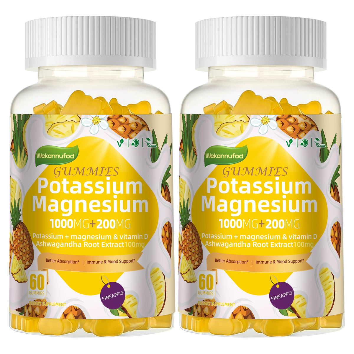 Wekannufod Potassium Magnesium Gummies pineapple bottle for daily electrolyte support
