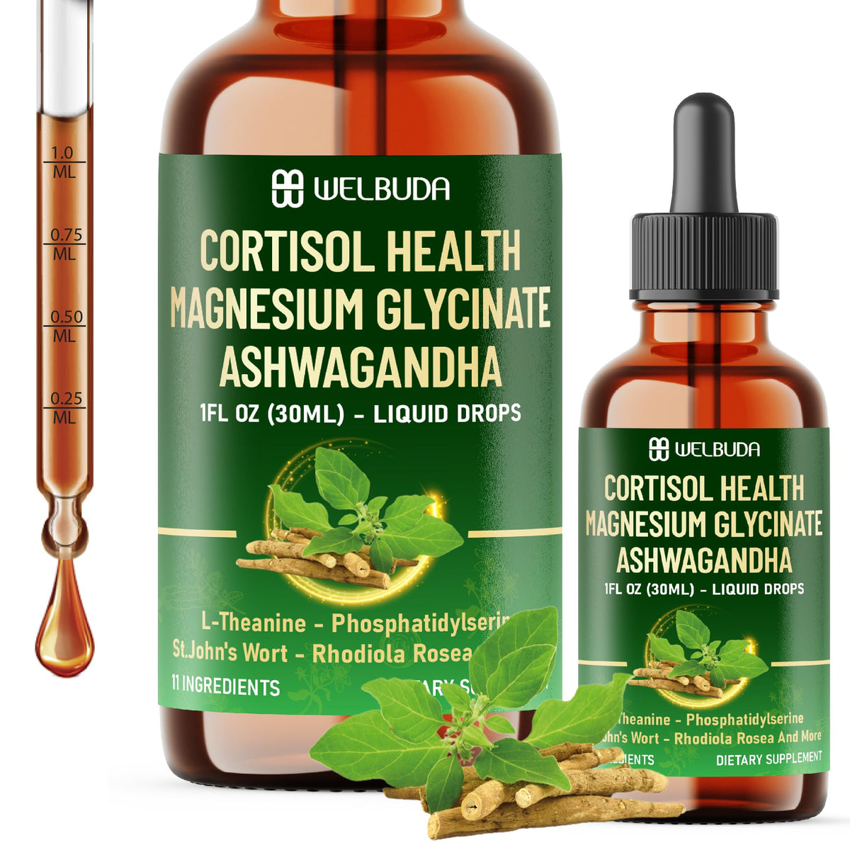 Welbuda 11in1 cortisol liquid bottle ready for daily dosing and balance.