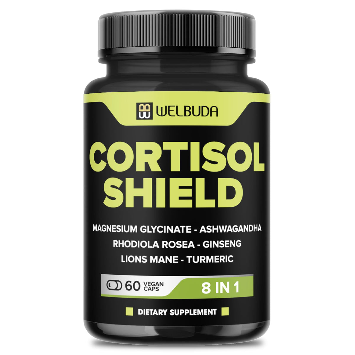 WELBUDA 8in1 Cortisol Shield bottle shows capsules for daily stress support.
