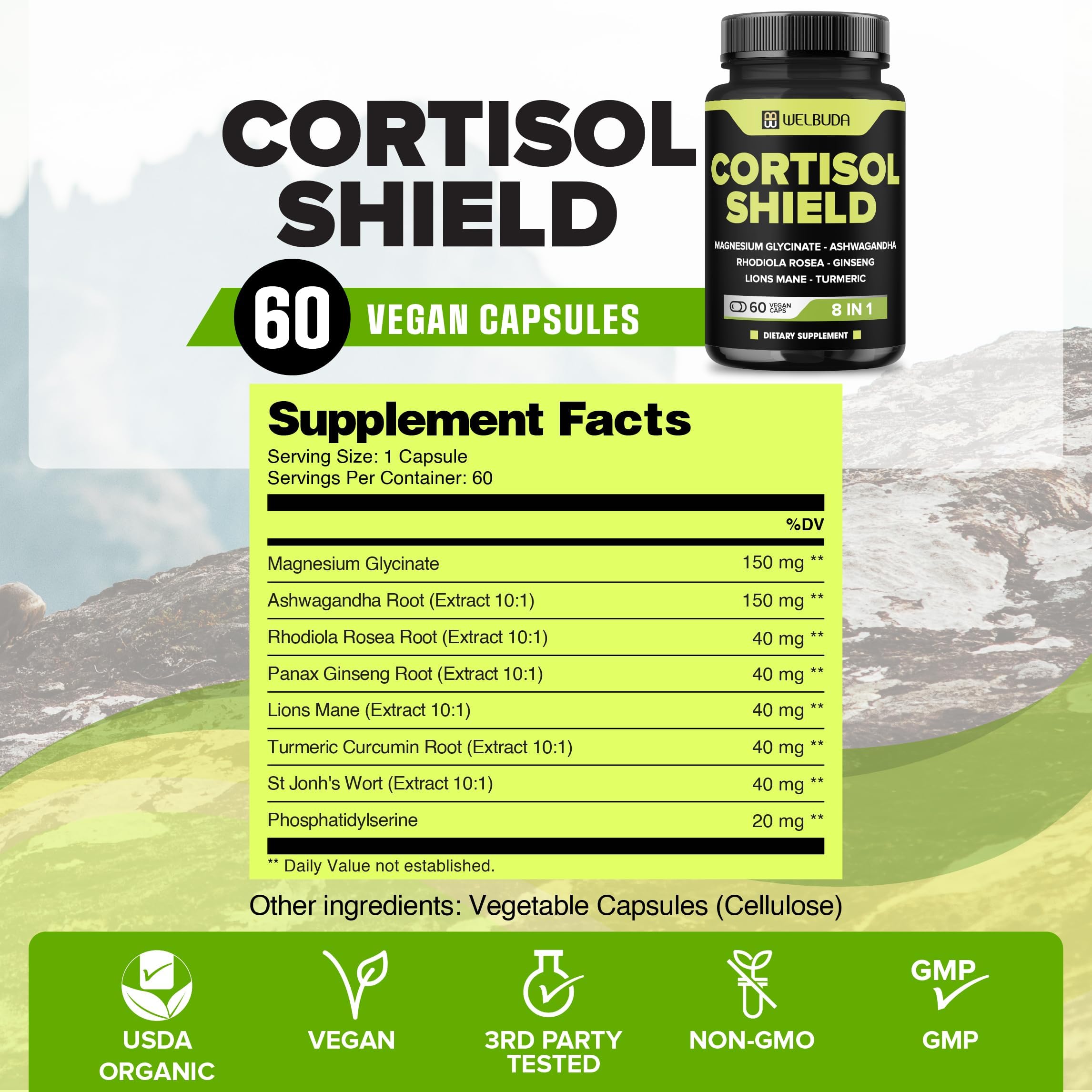WELBUDA 8in1 Cortisol Shield capsules pour demonstrates easy daily intake.
