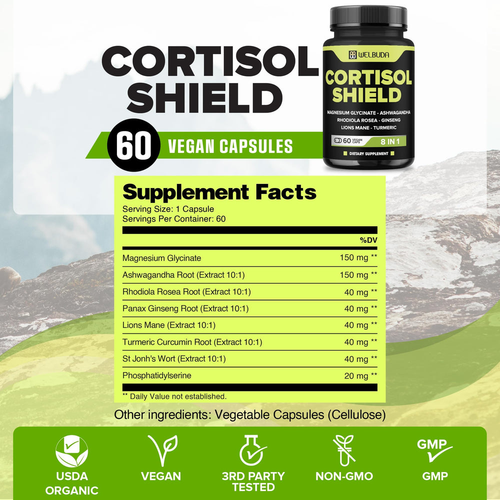 WELBUDA 8in1 Cortisol Shield capsules pour demonstrates easy daily intake.