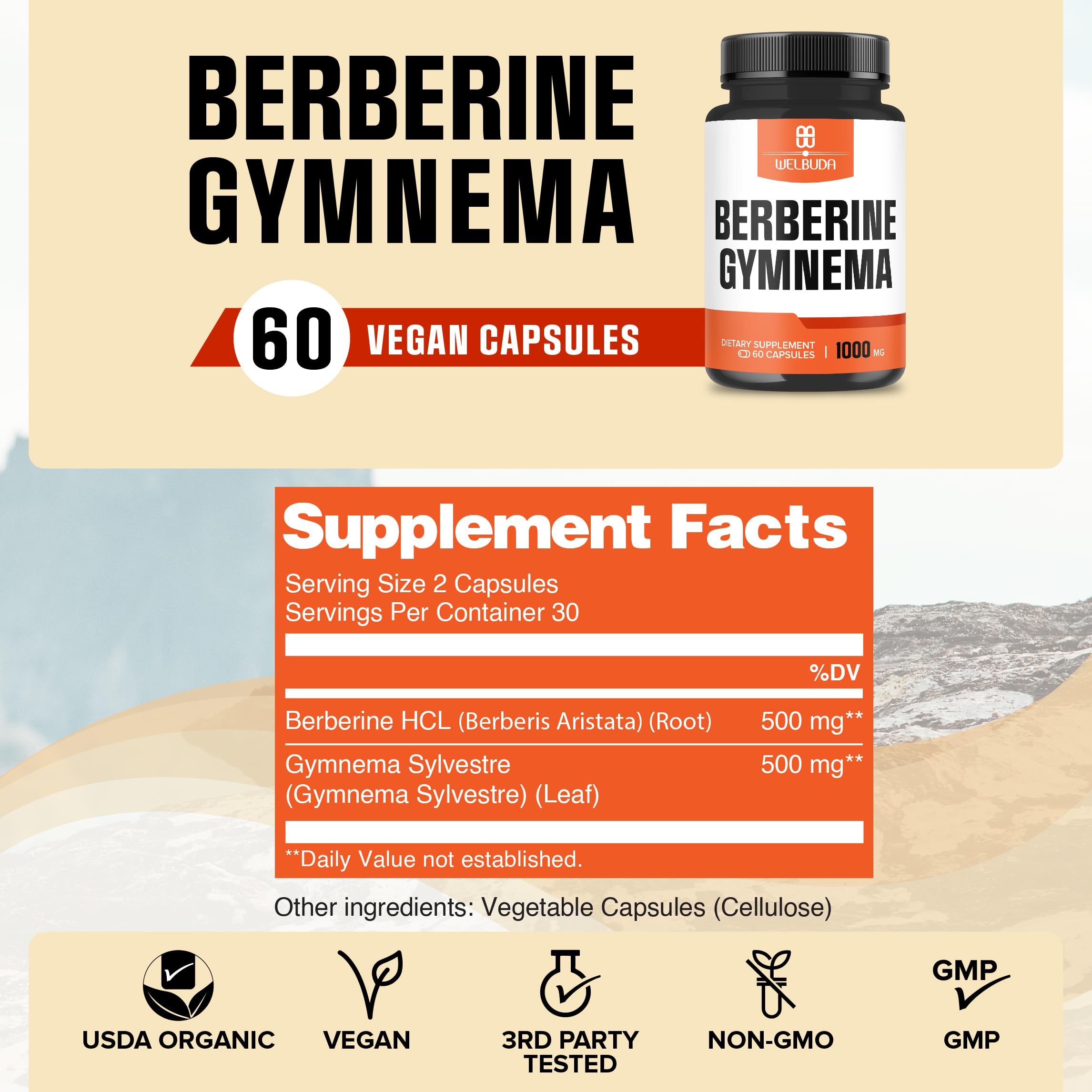 WELBUDA Berberine-Gymnema capsules ready for easy everyday intake.