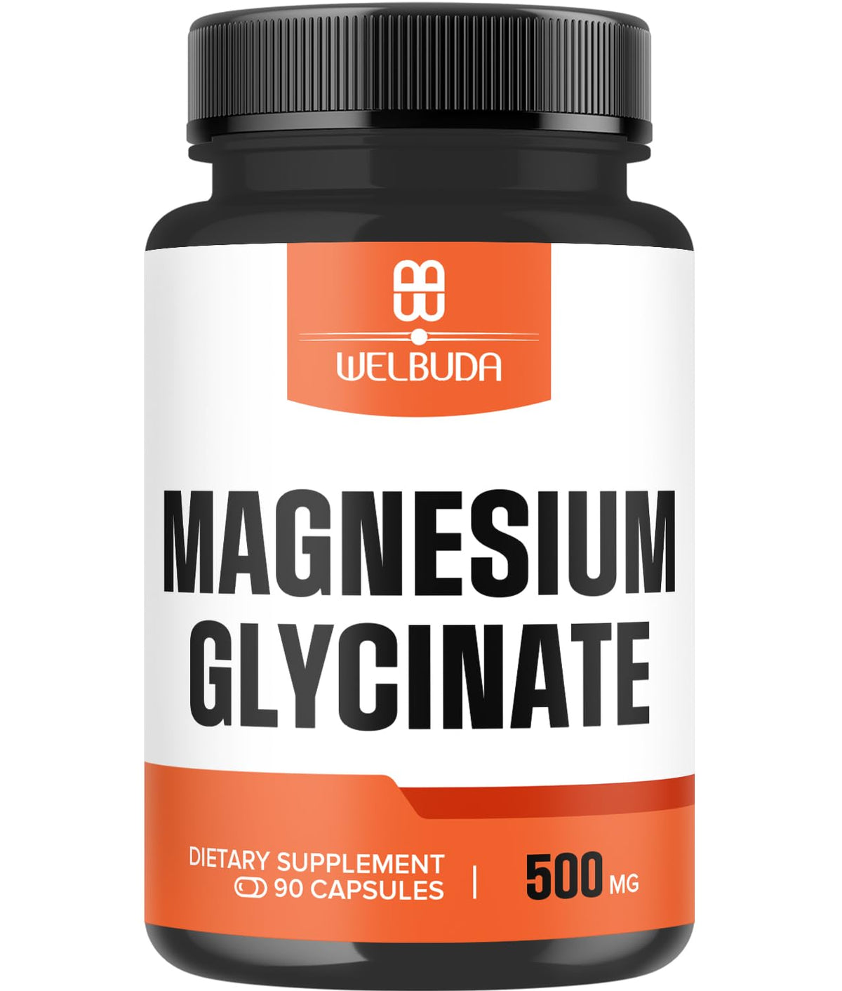Welbuda Magnesium Glycinate 500mg bottle on shelf for daily mineral support.