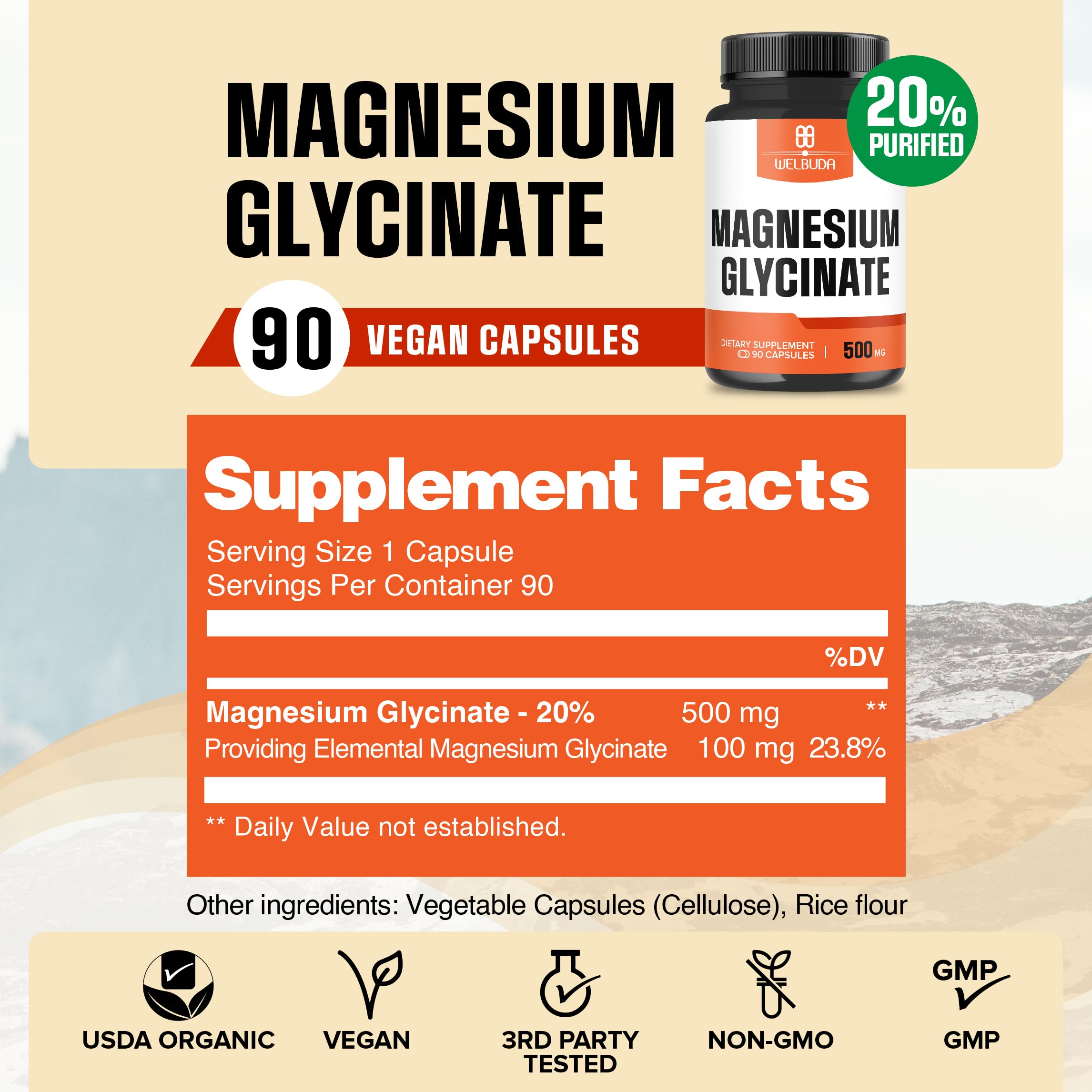 Closeup of Welbuda capsules emphasizing absorption-friendly magnesium glycinate for energy.