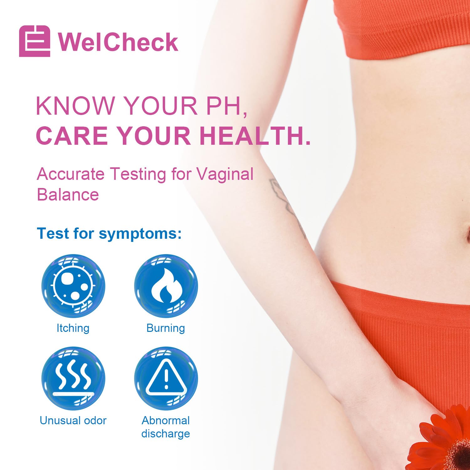 WelCheck vaginal pH test strip held in hand for quick at-home results.