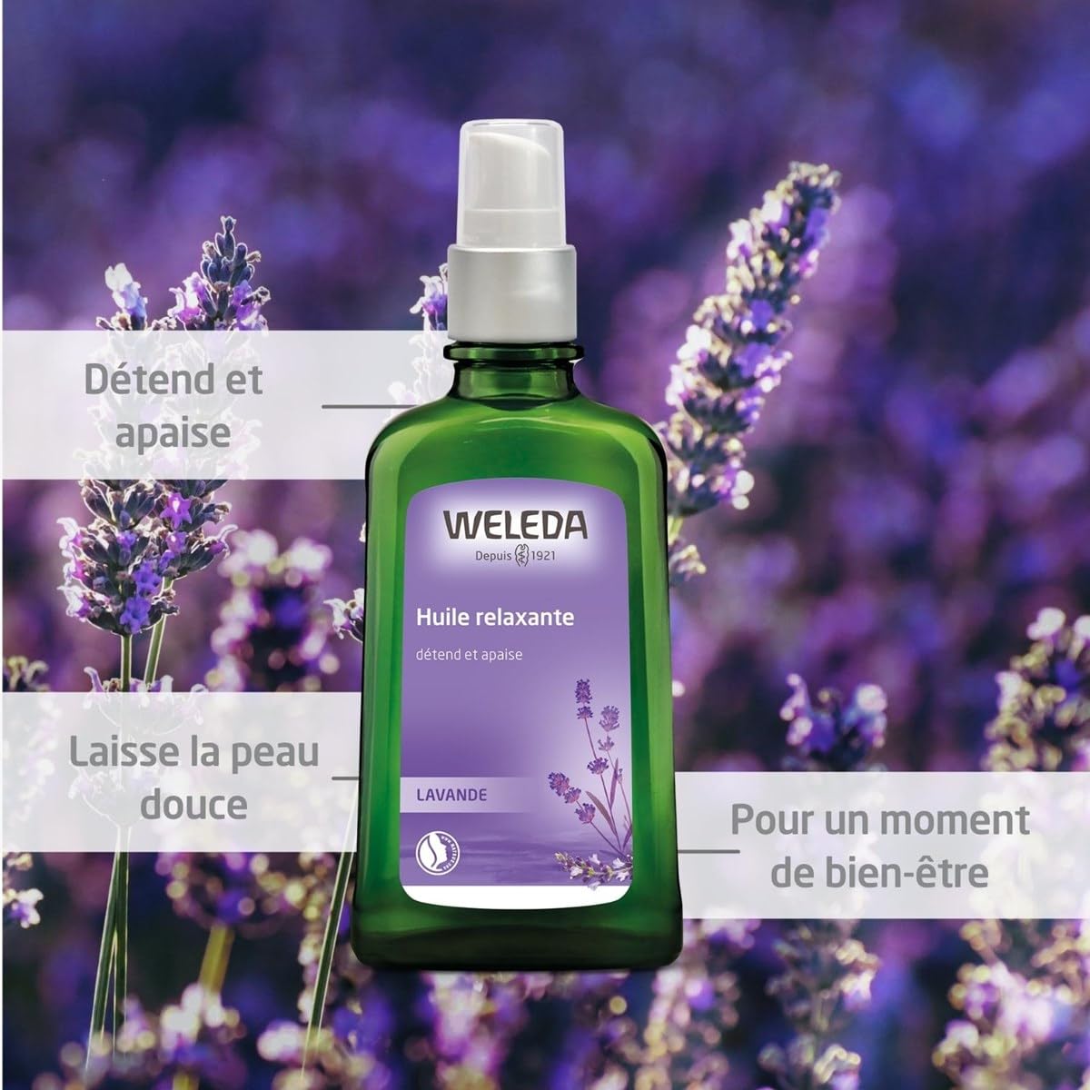 Weleda Relaxing Lavender Body Oil being poured to illustrate fast absorption and skin-friendly oils.
