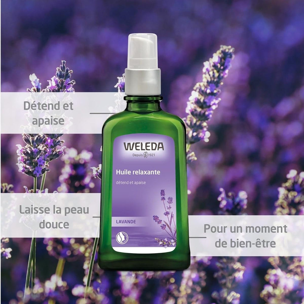Weleda Relaxing Lavender Body Oil being poured to illustrate fast absorption and skin-friendly oils.
