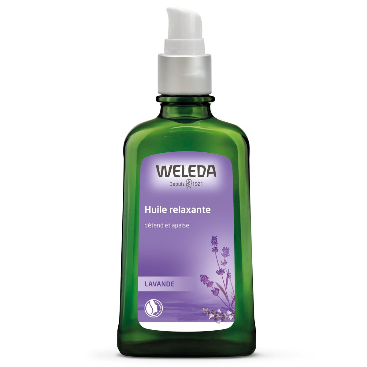 Weleda Relaxing Lavender Body Oil bottle—calming lavender aroma for evening use.
