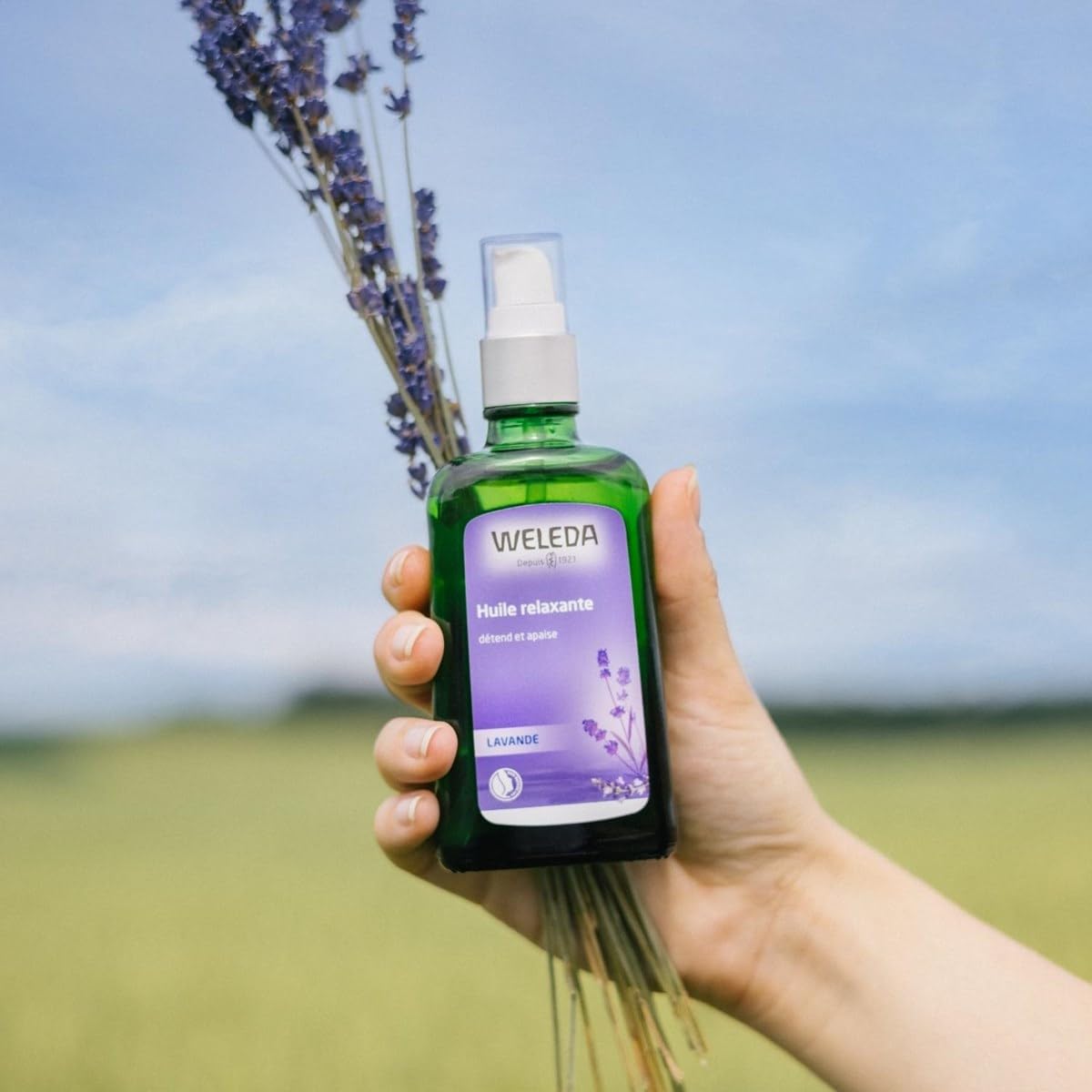 Weleda Relaxing Lavender Body Oil massage scene conveying relaxation after a long day.