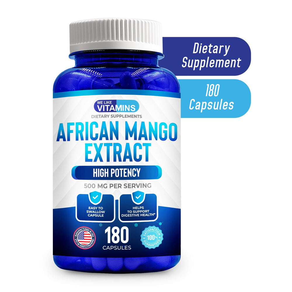 We Like Vitamins African Mango bottle side view highlights sturdy packaging