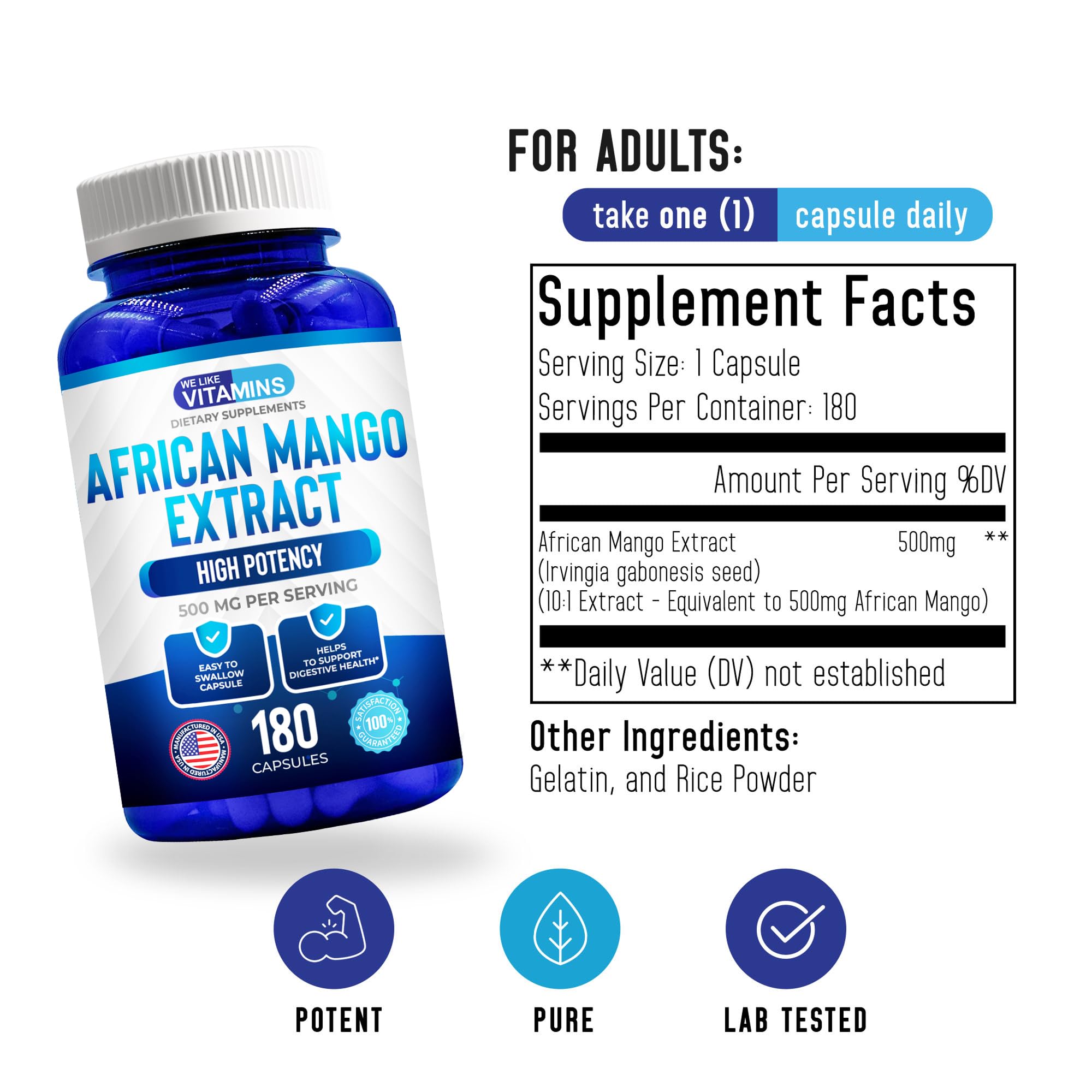 We Like Vitamins African Mango capsules 180-count pack offers convenient long-term use