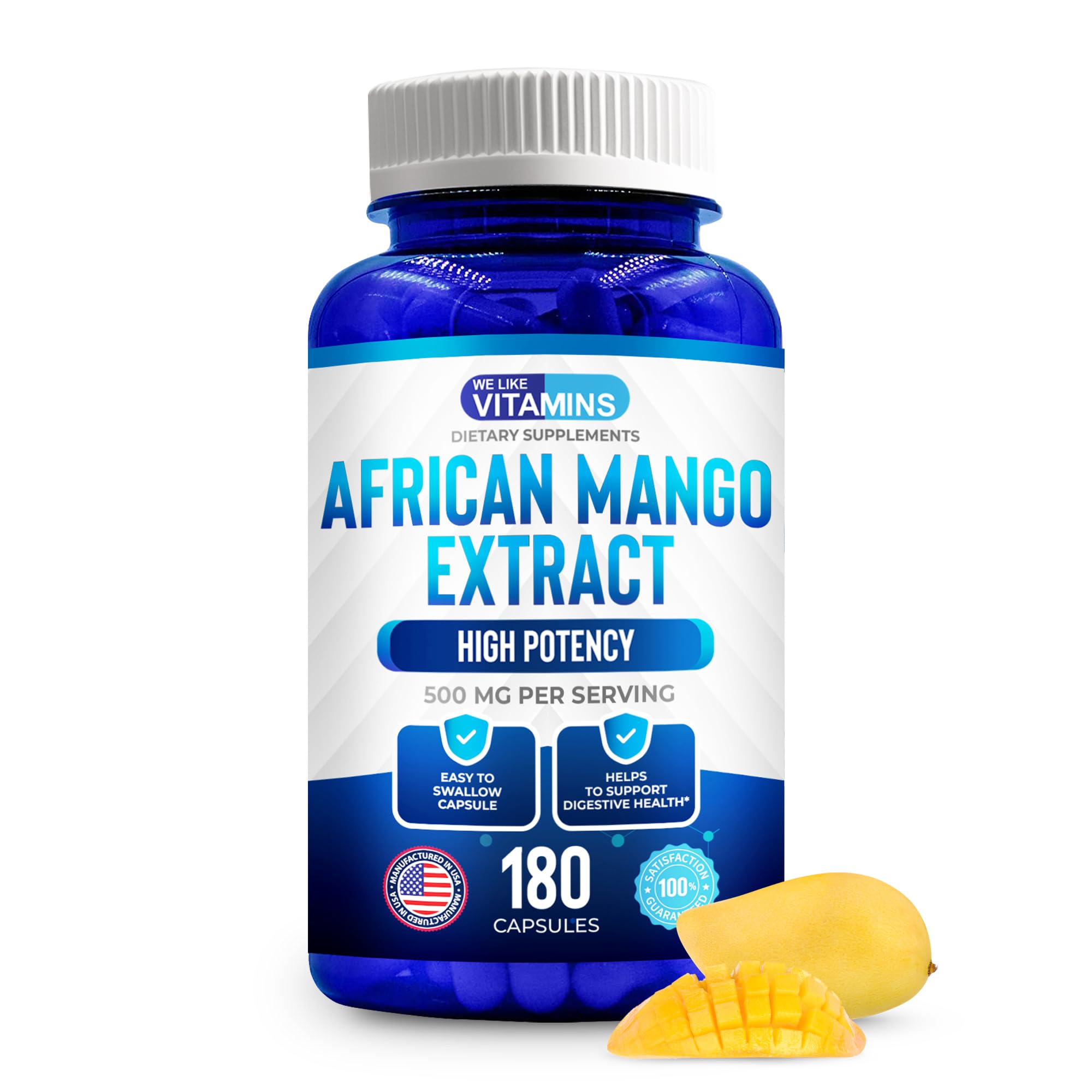 We Like Vitamins African Mango Extract 500mg bottle for potential fat metabolism support